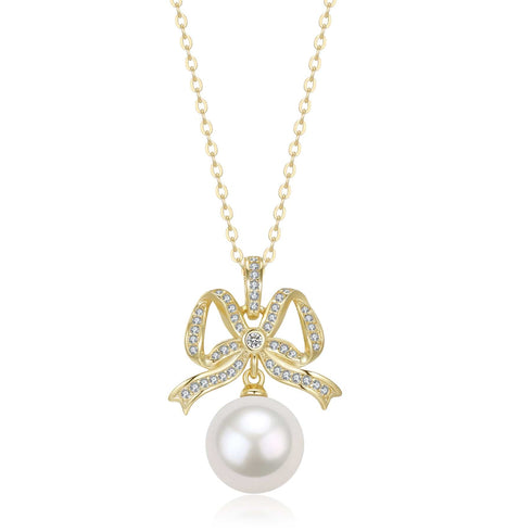10-11mm Freshwater Pearl CZ Bowknot Pendant Necklace - House Of Pearls